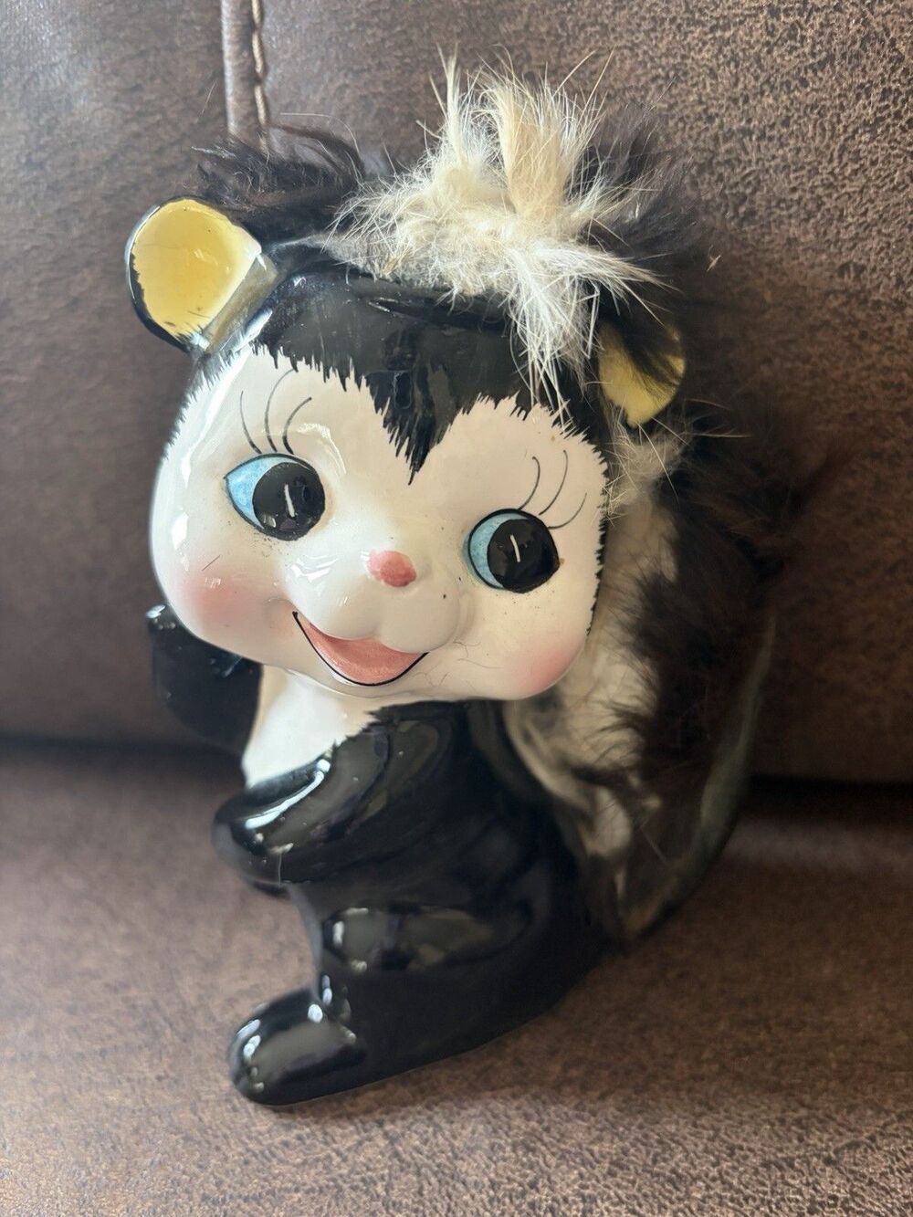 Vintage 1950’s Napco Ceramic Skunk Coin Bank Figurine Fur Tail Hair Made Japan